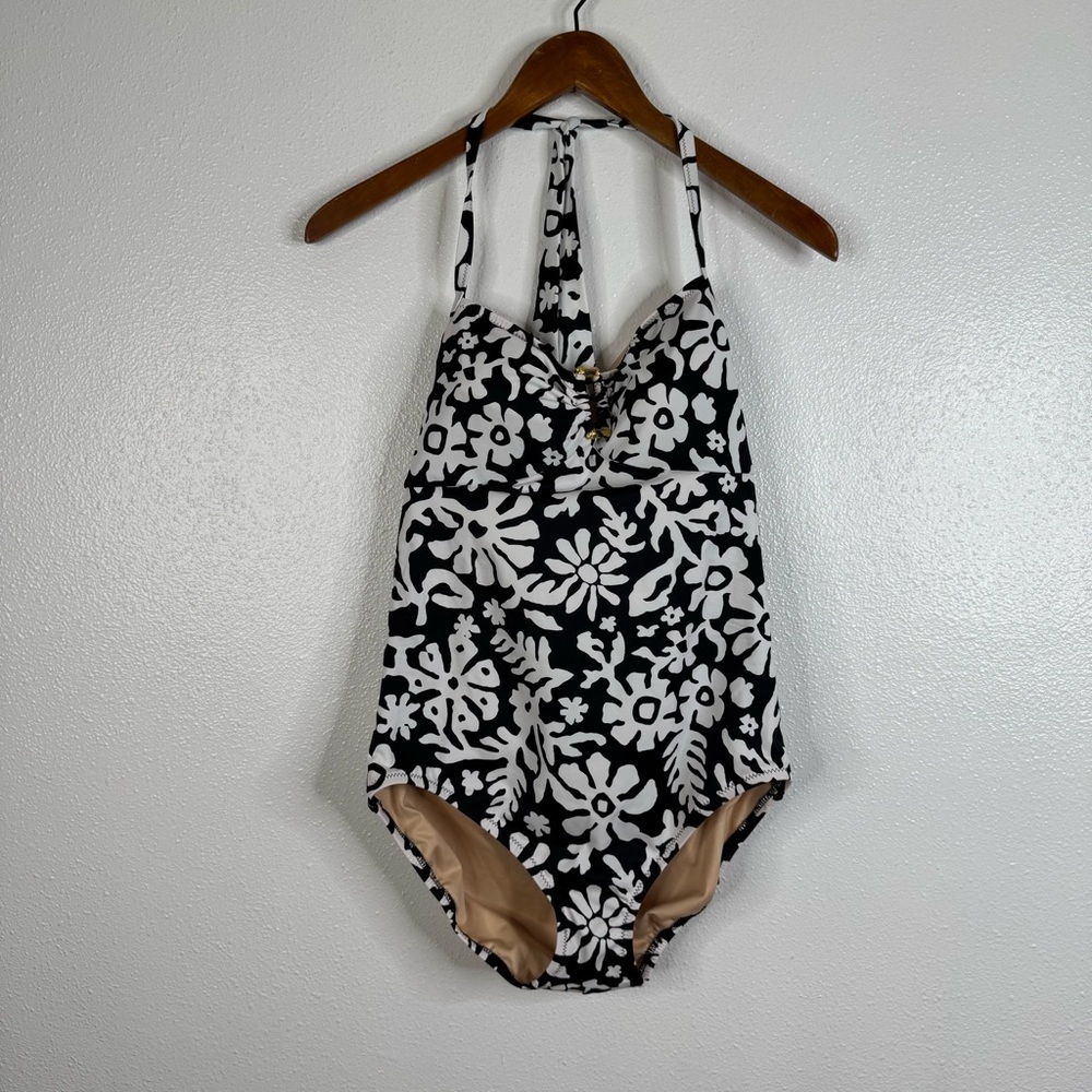 Lands’ End Black White Floral Halter One Piece Swimsuit Size 14
